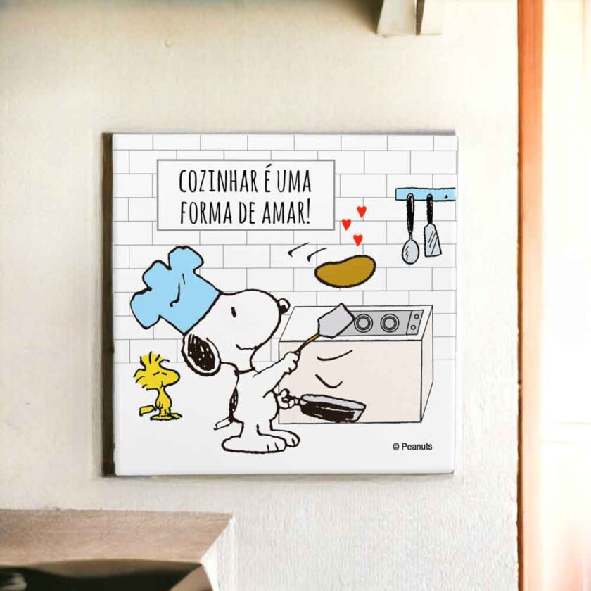 Azulejo decorativo para cozinha do Snoopy frase Cozinhar é uma