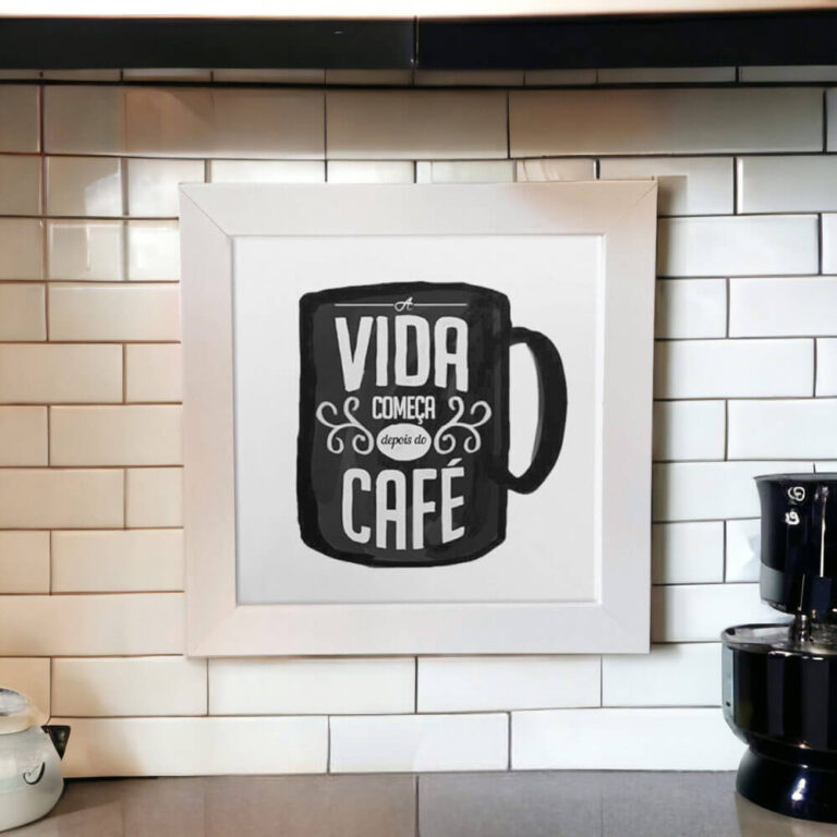 Azulejo decorativo para cantinho do café com frase A vida começa depois do café e xícara na cor preta