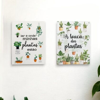 Dupla de azulejos decorativos para cantinho das plantas com as frases A louca das plantas e Lar é onde minhas plantas estão