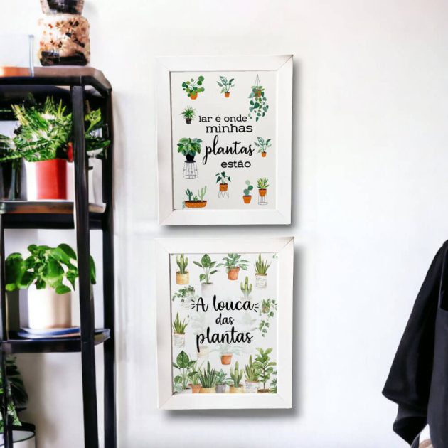 Dupla de azulejos decorativos para cantinho das plantas com as frases A louca das plantas e Lar é onde minhas plantas estão