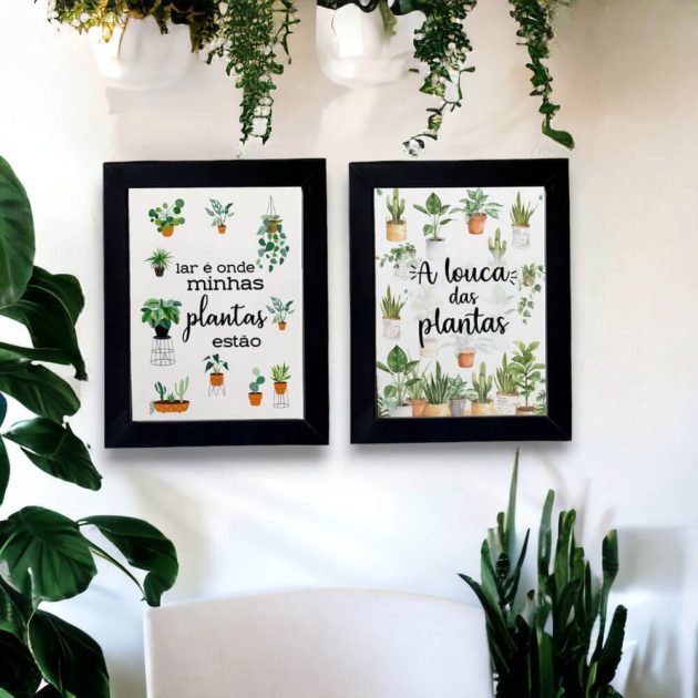 Dupla de azulejos decorativos para cantinho das plantas com as frases A louca das plantas e Lar é onde minhas plantas estão