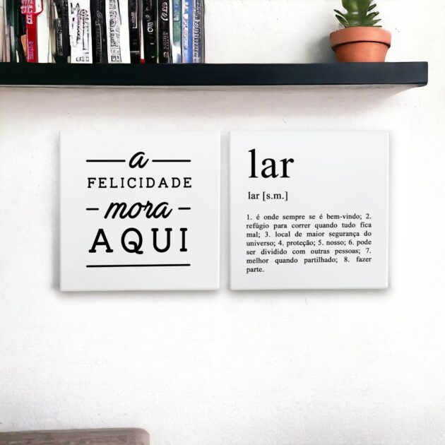 Conjunto de azulejos decorativos com A felicidade mora aqui + Definição de lar