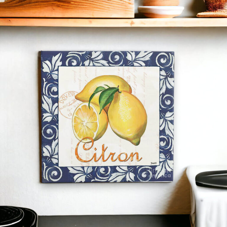 Azulejo decorativo para cozinha com frase "Citron" com desenho de um limão em um fundo azulejo português