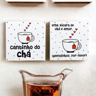 Dupla de Azulejos Decorativos para o cantinho do chá - Uma xícara de chá e amor, quentinhos por favor e Cantinho do chá