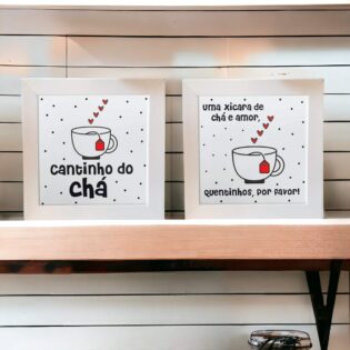 Dupla de Azulejos Decorativos para o cantinho do chá - Uma xícara de chá e amor, quentinhos por favor e Cantinho do chá