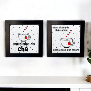 Dupla de Azulejos Decorativos para o cantinho do chá - Uma xícara de chá e amor, quentinhos por favor e Cantinho do chá