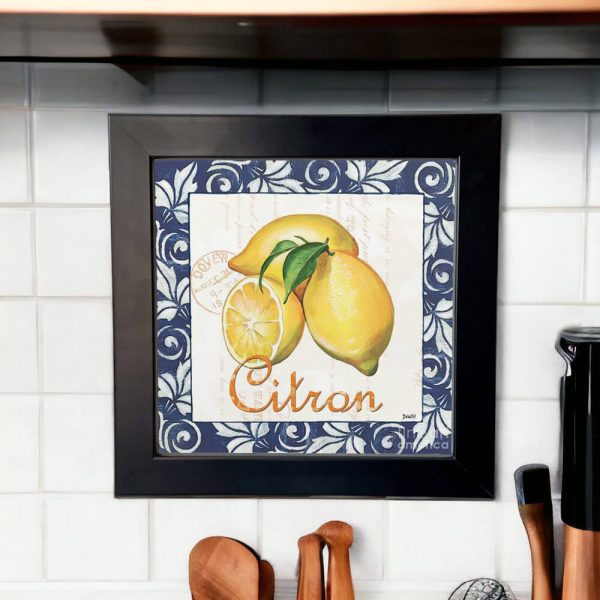 Azulejo decorativo para cozinha com frase "Citron" com desenho de um limão em um fundo azulejo português