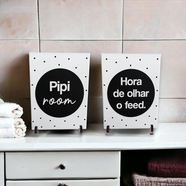 Kit de dois azulejos decorativos para banheiro Dupla de azulejos Pipi room + Hora de olhar o feed