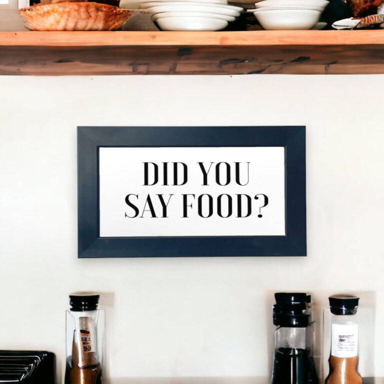 Azulejo decorativo para cozinha com frase "did you say food" você disse comida