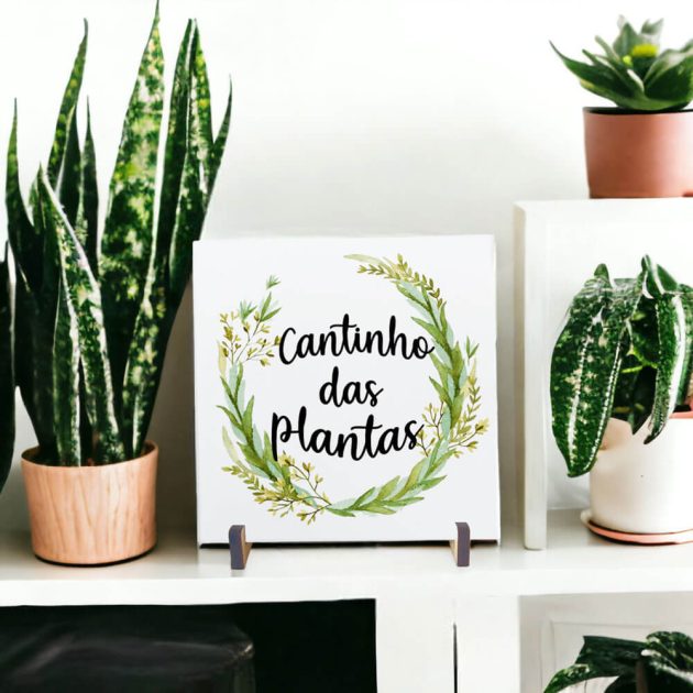 Azulejo decorativo para cantinho das plantas com a frase Cantinho das plantas