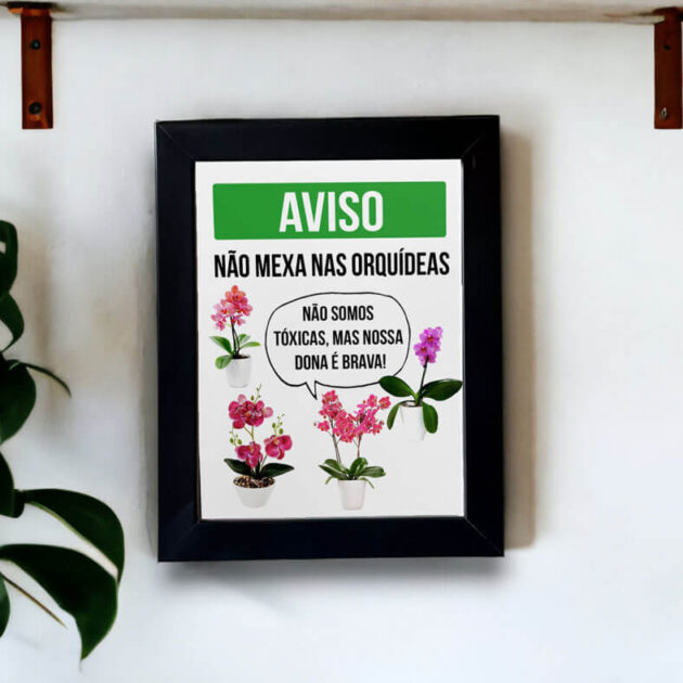 Azulejo decorativo para cantinho das plantas com frase AVISO: Não mexa nas orquídeas