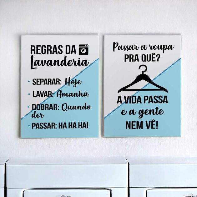 Conjunto de dois azulejos decorativos de lavanderia Regras da Lavanderia e Passar roupa pra quê? A vida passa e a gente nem vê