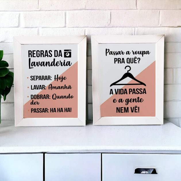 Conjunto de dois azulejos decorativos de lavanderia Regras da Lavanderia e Passar roupa pra quê? A vida passa e a gente nem vê