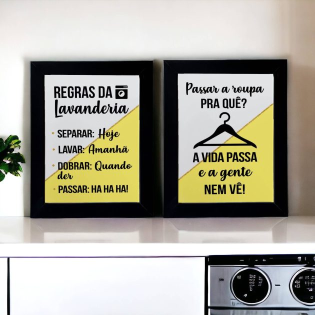 Conjunto de dois azulejos decorativos de lavanderia Regras da Lavanderia e Passar roupa pra quê? A vida passa e a gente nem vê