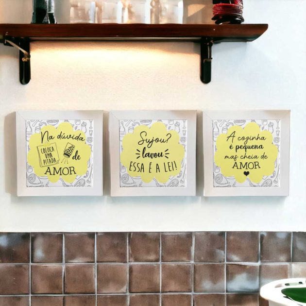 Kit de três azulejos decorativos para cozinha Trio de azulejos Sujou lavou essa é a lei