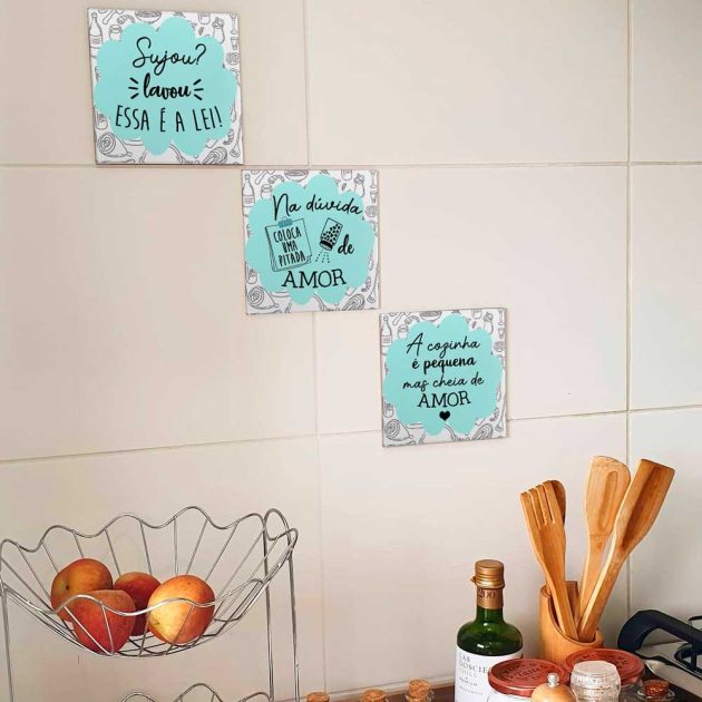 Kit de três azulejos decorativos para cozinha Trio de azulejos Sujou lavou essa é a lei