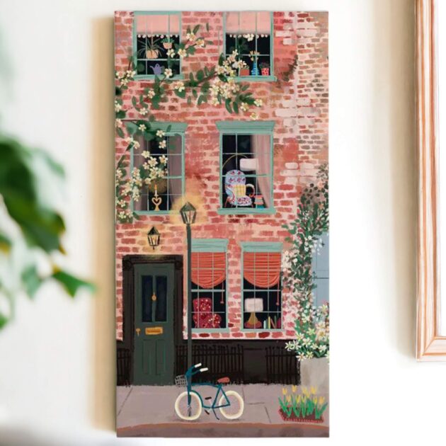 Dupla de azulejos decorativos: Bicicleta ao entardecer com prédio rose e uma bicicleta azul– Coleção Poesia na Janela