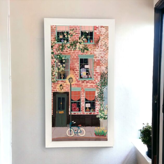 Dupla de azulejos decorativos: Bicicleta ao entardecer com prédio rose e uma bicicleta azul– Coleção Poesia na Janela