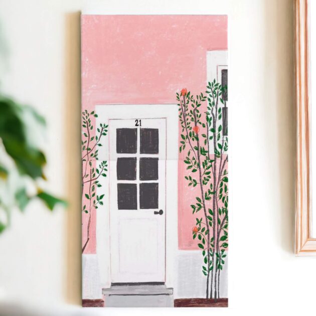 Dupla de azulejos decorativos: Minha portinha branca com o prédio rosa – Coleção Poesia na Janela
