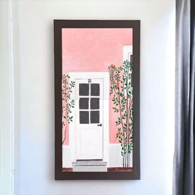 Dupla de azulejos decorativos: Minha portinha branca com o prédio rosa – Coleção Poesia na Janela