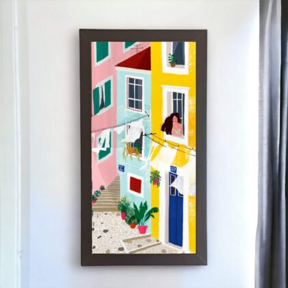 Dupla de azulejos decorativos: Observando a vida com prédios amarelo, azul e rosa – Coleção Poesia na Janela