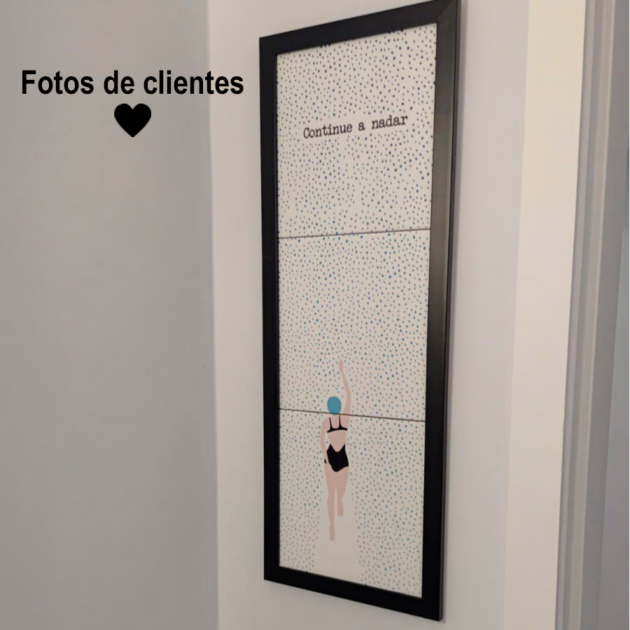 Trio de azulejos decorativos com o desenho de uma mulher nadando com a frase Continue a nadar - Imagem 6