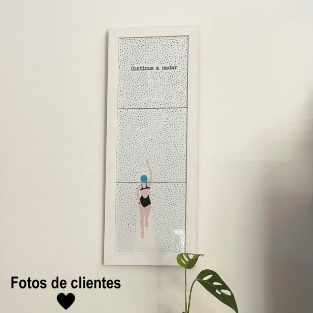 Trio de azulejos decorativos com o desenho de uma mulher nadando com a frase Continue a nadar - Imagem 7