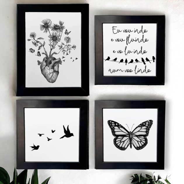 Conjunto de quatro azulejos decorativos com frase, pássaros, borboleta e coração florido tudo em preto e branco