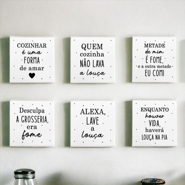 Conjunto de seis azulejos decorativos para cozinha da Coleção Completa Minha Cozinha P&B