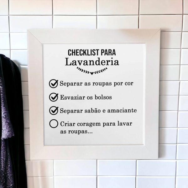 Azulejo decorativo para lavanderia com a frase Checklist Lavanderia - Coleção P&B