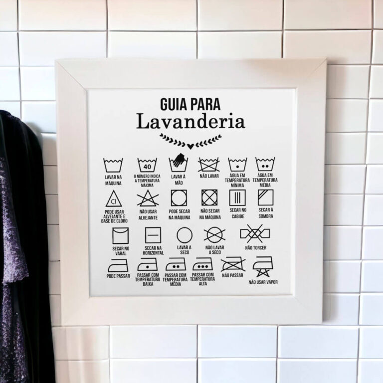 Azulejo decorativo para lavanderia com a frase Guia para Lavanderia com símbolos e definições - Coleção Lavanderia P&B