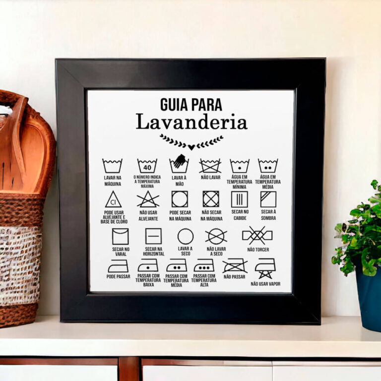 Azulejo decorativo para lavanderia com a frase Guia para Lavanderia com símbolos e definições - Coleção Lavanderia P&B