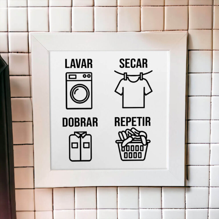 Azulejo decorativo para lavanderia Lavar Secar Dobrar Repetir - Coleção Lavanderia P&B