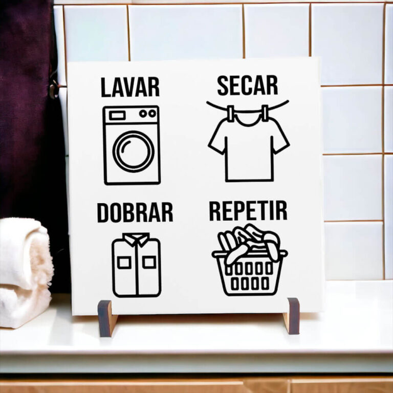 Azulejo decorativo para lavanderia Lavar Secar Dobrar Repetir - Coleção Lavanderia P&B