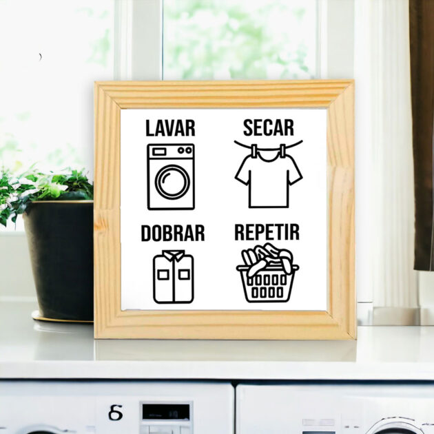 Azulejo decorativo para lavanderia Lavar Secar Dobrar Repetir - Coleção Lavanderia P&B