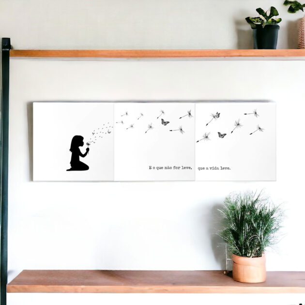 Trio de azulejos decorativos com a frase O que não for leve, que a vida leve com o desenho de uma menina assoprando um dente de leão