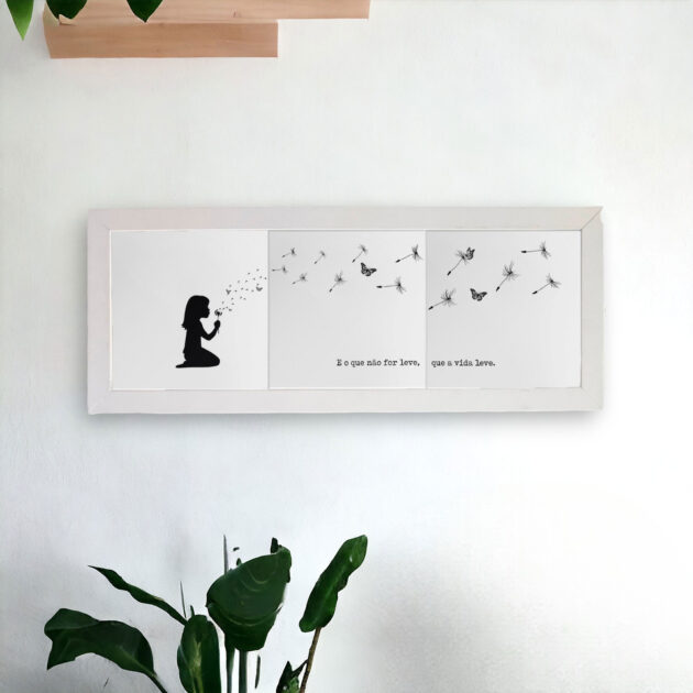 Trio de azulejos decorativos com a frase O que não for leve, que a vida leve com o desenho de uma menina assoprando um dente de leão