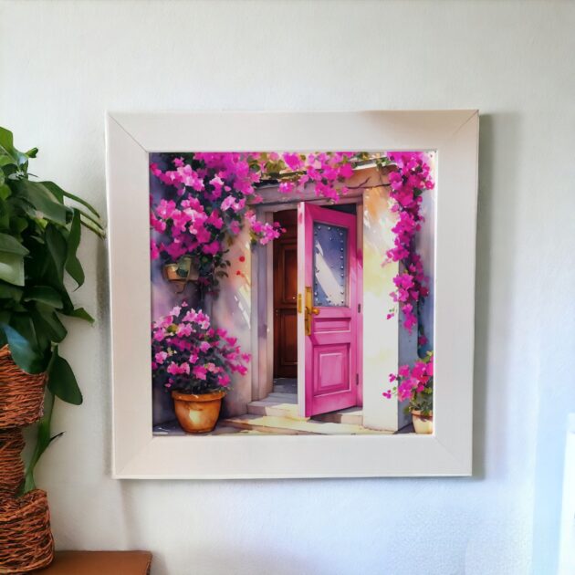 Azulejo decorativo Abrigo com o desenho porta rosa pink aberta com várias flores e vasos - Coleção Encantos 