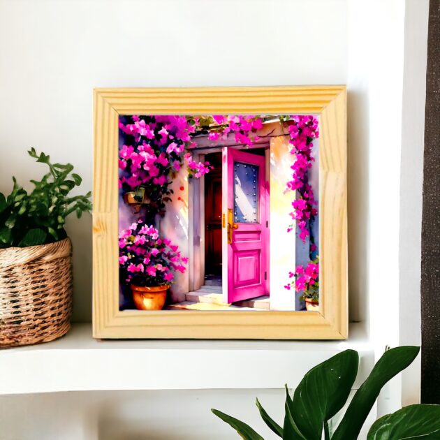 Azulejo decorativo Abrigo com o desenho porta rosa pink aberta com várias flores e vasos - Coleção Encantos 