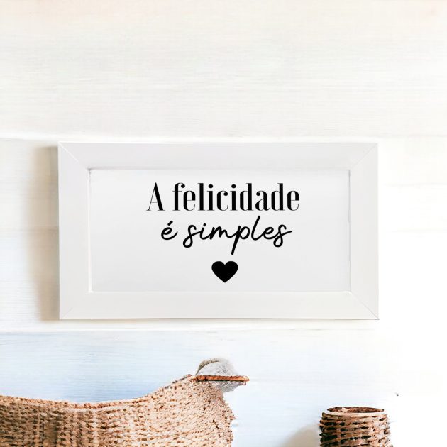 Azulejo decorativo com a frase A felicidade é simples com coração preto - Coleção Metro White