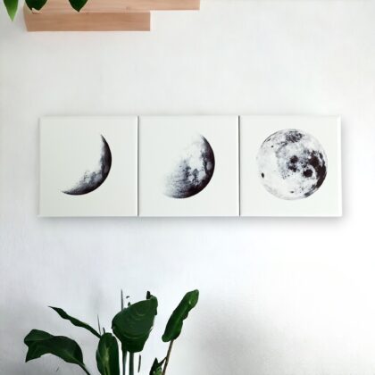 Trio de azulejos decorativo com o desenho das fases da Lua - Coleção: Sob a Luz da Lua