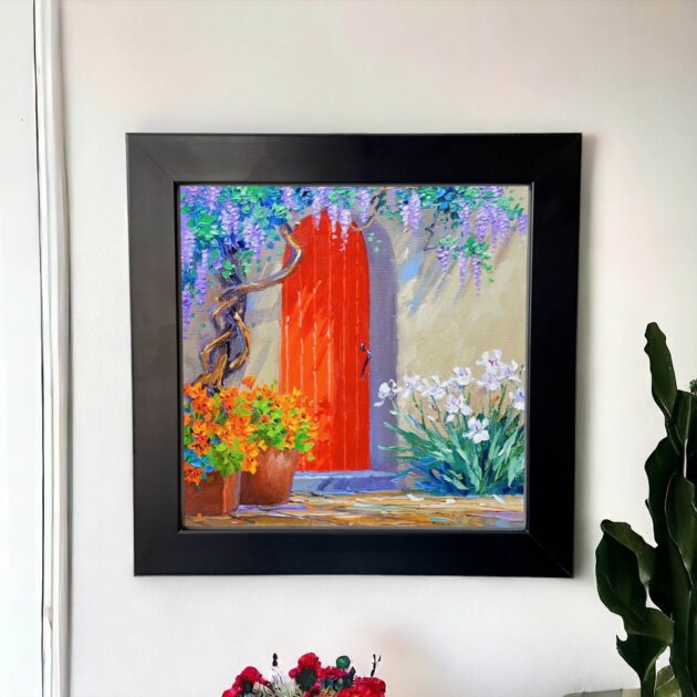 Azulejo decorativo com o desenho de uma porta laranja com flores lilás - Coleção EncantosAzulejo decorativo com o desenho de uma porta laranja com flores lilás - Coleção Encantos