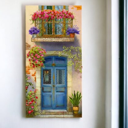 Dupla de azulejos decorativos: Entardecer com a porta azul e sacada florida – Coleção Encantos