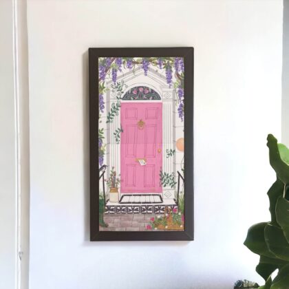 Dupla de azulejos decorativos: Felicidade com a porta rosa – Coleção Encantos
