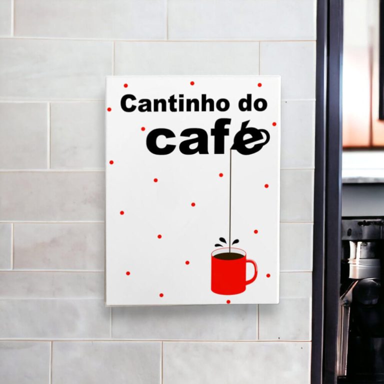 Azulejo decorativo para cantinho do café com a frase Cantinho do café com bolinhas vermelhas