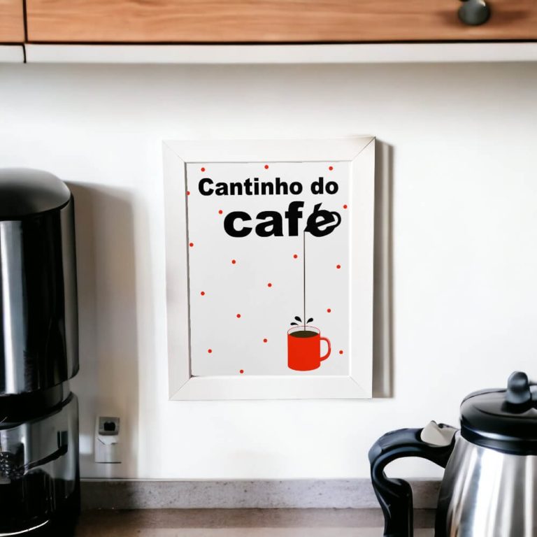 Azulejo decorativo para cantinho do café com a frase Cantinho do café com bolinhas vermelhas