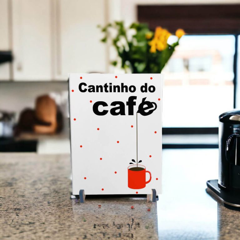 Azulejo decorativo para cantinho do café com a frase Cantinho do café com bolinhas vermelhas