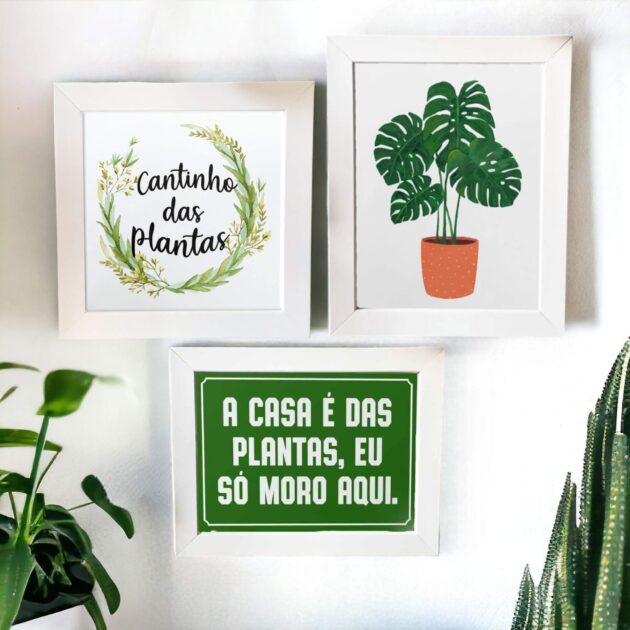 Conjunto de azulejos decorativos para o cantinho das plantas com três azulejos: Cantinho das plantas, A casa é das plantas, eu só moro aqui e Costela de Adão