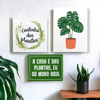 Conjunto de azulejos decorativos para o cantinho das plantas com três azulejos: Cantinho das plantas, A casa é das plantas, eu só moro aqui e Costela de AdãoConjunto de azulejos decorativos para o cantinho das plantas com três azulejos: Cantinho das plantas, A casa é das plantas, eu só moro aqui e Costela de Adão