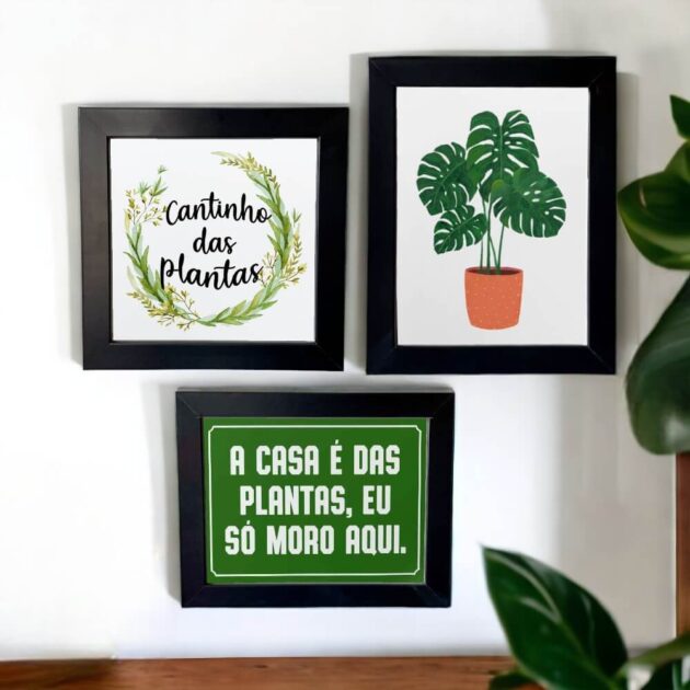 Conjunto de azulejos decorativos para o cantinho das plantas com três azulejos: Cantinho das plantas, A casa é das plantas, eu só moro aqui e Costela de Adão